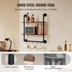Industrial Pipe Shelf 2 Tier 24x7.87in Wall-Mount for Kitchen Bedroom