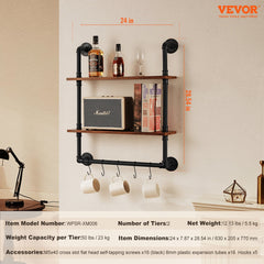 Industrial Pipe Shelf 2 Tier 24x7.87in Wall-Mount for Kitchen Bedroom