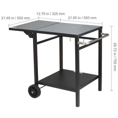 Outdoor Grill Dining Cart with Double-Shelf, 55*55cm BBQ Movable Food Prep Table, Multifunctional Foldable Iron Table Top, Portable Modular Carts for Pizza Oven, Worktable with 2 Wheels, Carry Handle