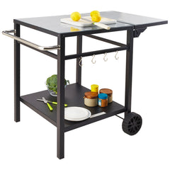 Outdoor Grill Dining Cart with Double-Shelf, 55*55cm BBQ Movable Food Prep Table, Multifunctional Foldable Iron Table Top, Portable Modular Carts for Pizza Oven, Worktable with 2 Wheels, Carry Handle