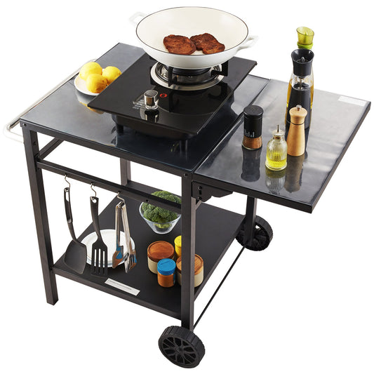 Outdoor Grill Dining Cart with Double-Shelf, 55*55cm BBQ Movable Food Prep Table, Multifunctional Foldable Iron Table Top, Portable Modular Carts for Pizza Oven, Worktable with 2 Wheels, Carry Handle