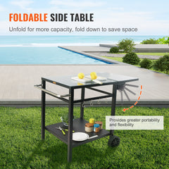 Outdoor Grill Dining Cart with Double-Shelf, 55*55cm BBQ Movable Food Prep Table, Multifunctional Foldable Iron Table Top, Portable Modular Carts for Pizza Oven, Worktable with 2 Wheels, Carry Handle