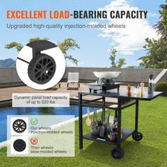 Outdoor Grill Dining Cart with Double-Shelf, 55*55cm BBQ Movable Food Prep Table, Multifunctional Foldable Iron Table Top, Portable Modular Carts for Pizza Oven, Worktable with 2 Wheels, Carry Handle