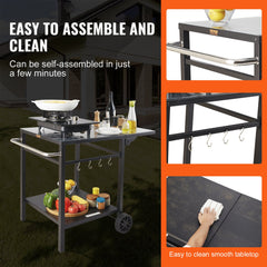 Outdoor Grill Dining Cart with Double-Shelf, 55*55cm BBQ Movable Food Prep Table, Multifunctional Foldable Iron Table Top, Portable Modular Carts for Pizza Oven, Worktable with 2 Wheels, Carry Handle
