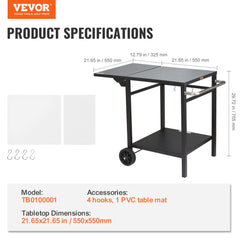 Outdoor Grill Dining Cart with Double-Shelf, 55*55cm BBQ Movable Food Prep Table, Multifunctional Foldable Iron Table Top, Portable Modular Carts for Pizza Oven, Worktable with 2 Wheels, Carry Handle