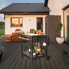 Outdoor Grill Dining Cart with Double-Shelf, 55*55cm BBQ Movable Food Prep Table, Multifunctional Foldable Iron Table Top, Portable Modular Carts for Pizza Oven, Worktable with 2 Wheels, Carry Handle