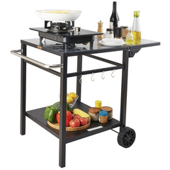 Outdoor Grill Dining Cart with Double-Shelf, 55*55cm BBQ Movable Food Prep Table, Multifunctional Foldable Iron Table Top, Portable Modular Carts for Pizza Oven, Worktable with 2 Wheels, Carry Handle