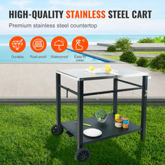 Outdoor Grill Dining Cart with Double-Shelf, 85*55cm BBQ Movable Food Prep Table, Multifunctional Stainless Steel Table Top, Portable Modular Carts for Pizza Oven, Worktable with 2 Wheels