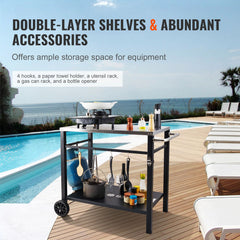 Outdoor Grill Dining Cart with Double-Shelf, 85*55cm BBQ Movable Food Prep Table, Multifunctional Stainless Steel Table Top, Portable Modular Carts for Pizza Oven, Worktable with 2 Wheels