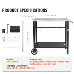 Outdoor Grill Dining Cart with Double-Shelf, 85*55cm BBQ Movable Food Prep Table, Multifunctional Stainless Steel Table Top, Portable Modular Carts for Pizza Oven, Worktable with 2 Wheels