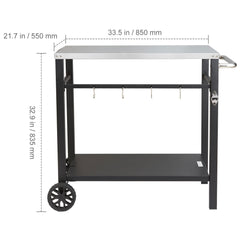 Outdoor Grill Dining Cart with Double-Shelf, 85*55cm BBQ Movable Food Prep Table, Multifunctional Stainless Steel Table Top, Portable Modular Carts for Pizza Oven, Worktable with 2 Wheels