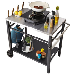 Outdoor Grill Dining Cart with Double-Shelf, 85*55cm BBQ Movable Food Prep Table, Multifunctional Stainless Steel Table Top, Portable Modular Carts for Pizza Oven, Worktable with 2 Wheels