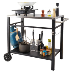 Outdoor Grill Dining Cart with Double-Shelf, 85*55cm BBQ Movable Food Prep Table, Multifunctional Stainless Steel Table Top, Portable Modular Carts for Pizza Oven, Worktable with 2 Wheels