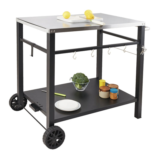 Outdoor Grill Dining Cart with Double-Shelf, 85*55cm BBQ Movable Food Prep Table, Multifunctional Stainless Steel Table Top, Portable Modular Carts for Pizza Oven, Worktable with 2 Wheels, Carry Handle