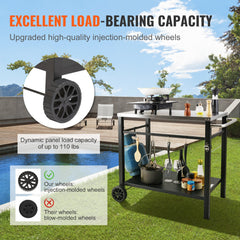 Outdoor Grill Dining Cart with Double-Shelf, 85*55cm BBQ Movable Food Prep Table, Multifunctional Stainless Steel Table Top, Portable Modular Carts for Pizza Oven, Worktable with 2 Wheels, Carry Handle