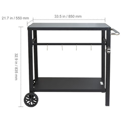 Outdoor Grill Dining Cart with Double-Shelf, 85*55cm BBQ Movable Food Prep Table, Multifunctional Iron Table Top, Portable Modular Carts for Pizza Oven, Worktable with 2 Wheels, Carry Handle, Black