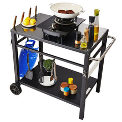 Outdoor Grill Dining Cart with Double-Shelf, 85*55cm BBQ Movable Food Prep Table, Multifunctional Iron Table Top, Portable Modular Carts for Pizza Oven, Worktable with 2 Wheels, Carry Handle, Black