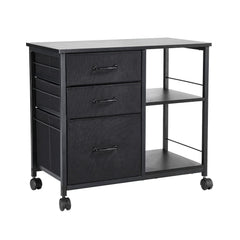 Mobile Metal File Cabinet with 3 Fabric Drawers and 2 Open Shelves Black