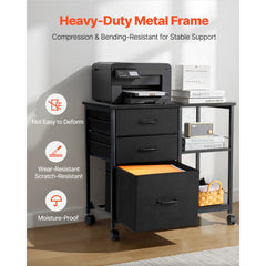 Mobile Metal File Cabinet with 3 Fabric Drawers and 2 Open Shelves Black