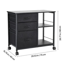 Mobile Metal File Cabinet with 3 Fabric Drawers and 2 Open Shelves Black