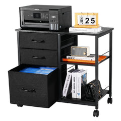 Mobile Metal File Cabinet with 3 Fabric Drawers and 2 Open Shelves Black
