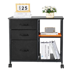 Mobile Metal File Cabinet with 3 Fabric Drawers and 2 Open Shelves Black