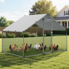 Metal Chicken Coop, 9.8x6.5x6.5ft Large Walk-in Chicken Runs with Cover, Spire Roof Hen House Enclosure with Security Lock, Outdoor Duck Rabbit Cage Poultry Pen for Backyard, Farm, Yard