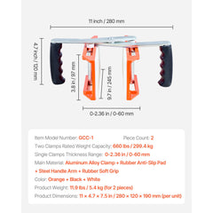 Double Handed Stone Carrying Clamps, 299 kg Load Capacity, 2 Pack Granite Panel Carriers Lifting Tools with Rubber-lined (0-60 mm), Heavy Duty lifting Clamps for Plywood, Glass, Granite