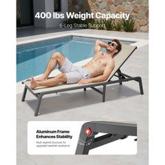 Outdoor Chaise Lounge Chair, 181 kg Weight Capacity, Foldable Sun Tanning Chair, 5 Adjustable Positions, Easy Assembly, Heavy Duty Aluminum Pool Recliner Lounge Chairs, for Beach Yard Patio