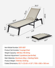 Outdoor Chaise Lounge Chair, 181 kg Weight Capacity, Foldable Sun Tanning Chair, 5 Adjustable Positions, Easy Assembly, Heavy Duty Aluminum Pool Recliner Lounge Chairs, for Beach Yard Patio