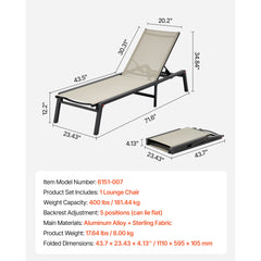 Outdoor Chaise Lounge Chair, 181 kg Weight Capacity, Foldable Sun Tanning Chair, 5 Adjustable Positions, Easy Assembly, Heavy Duty Aluminum Pool Recliner Lounge Chairs, for Beach Yard Patio