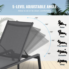 Chaise Lounge Chair Outdoor, Aluminum Patio Lounge Chair with Adjustable 5-Position, Folding Pool Lounge Chair Recliner and Full Flat Tanning Chair for Patio, Beach, Pool, Dark Grey