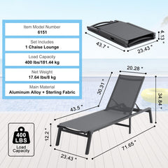 Chaise Lounge Chair Outdoor, Aluminum Patio Lounge Chair with Adjustable 5-Position, Folding Pool Lounge Chair Recliner and Full Flat Tanning Chair for Patio, Beach, Pool, Dark Grey