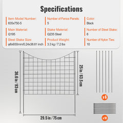 Garden Fence, 75×93 cm Animal Barrier Fence, Underground Decorative Garden Fencing with 6.38 cm Spike Spacing, Metal Dog Fence for the Yard and Outdoor Patio, 5 Pack