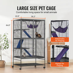 64.6" Metal Small Animal Cage 4-Tier Rolling Ferret Cage with Tray 3 Ramps
