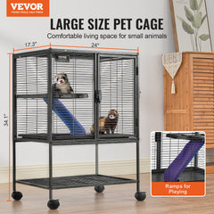34" Metal Small Animal Cage 2-Tier Rolling Ferret Cage with Tray A Ramp