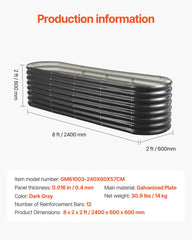 Metal Raised Garden Bed, 2.4 x 0.6 x 0.6 m Oval Outdoor Galvanized Planter Garden Box, Open Bottom Design, Large Planter Raised Bed for Growing Vegetables, Flowers, Herbs, Succulents, Dark Gray
