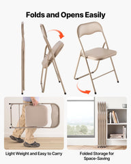 4 Pack Folding Chairs, Foldable Leather Chairs with Heavy Duty Metal Frame & Padded Cushion, Portable Folding Card Table Chairs, Stackable Seats for Home, Yard, Garden, Parties, Events, Khaki