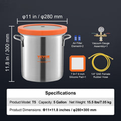 5 Gallon Vacuum Chamber, Upgraded Tempered Glass Lid Vacuum Degassing Chamber, 304 Stainless Steel Chamber, for Stabilizing Wood, Resin Degassing, Silicone Degassing and Plaster Degassing