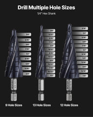 Step Drill Bit Set, 3.2 - 22.2 mm, 3 Pieces Step Drill Bits, 6.35 mm Hex Shank, TiAlN Coating Cobalt HSS High Speed Steel, for Metal, Stainless Steel, Aluminum, Wood, Plastic, Fiberglass