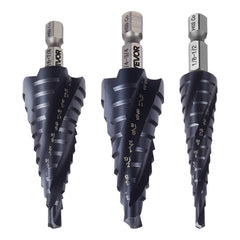 Step Drill Bit Set, 3.2 - 22.2 mm, 3 Pieces Step Drill Bits, 6.35 mm Hex Shank, TiAlN Coating Cobalt HSS High Speed Steel, for Metal, Stainless Steel, Aluminum, Wood, Plastic, Fiberglass