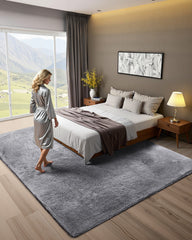Indoor Plush Area Rugs, 2.44 x 3.05m Soft Plush Carpet, Furry Shag Area Rugs for Living Room, Bedroom, Sunroom, Modern Home Decor Aesthetic, Non-Shedding, Non-Woven, Slip-Resistant, Smoke Gray