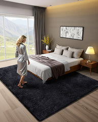Indoor Plush Area Rugs, 2.44 x 3.05m Soft Plush Carpet, Furry Shag Area Rugs for Living Room, Bedroom, Sunroom, Modern Home Decor Aesthetic, Non-Shedding, Non-Woven, Slip-Resistant, Black