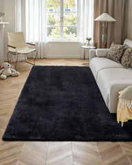 Indoor Plush Area Rugs, 2.44 x 3.05m Soft Plush Carpet, Furry Shag Area Rugs for Living Room, Bedroom, Sunroom, Modern Home Decor Aesthetic, Non-Shedding, Non-Woven, Slip-Resistant, Black