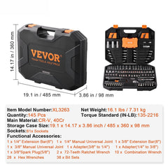 Mechanics Tool Set and Socket Set 1/4in 3/8in Drive 145 Pcs SAE and Metric