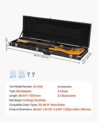 Bass Guitar Hard Case, 1220 mm Rectangular Guitar Hard Case, With Lock Latch Keys Handle, PVC Padding Soft Lining Water-Resistant Hard Shell Guitar Case, for 990-1180 mm Bass Guitars, Black