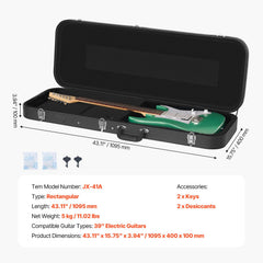 Electric Guitar Hard Case, 1095 mm Rectangular Guitar Hard Case, With Lock Latch Keys Handle, PVC Padding Soft Lining Water-Resistant Hard Shell Guitar Cases, for 990 mm Electric Guitars, Black