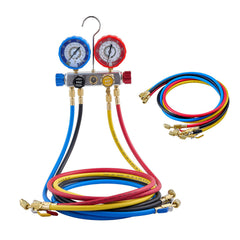 AC Manifold Gauge Set for R22 R404A R410A R12 Refrigerants, 4 Way AC Gauges with 1.5 m Hoses for Automotive & Household Air Conditioning Maintenance, Evacuation Vacuuming Charging and Recovery