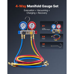 AC Manifold Gauge Set for R22 R404A R410A R12 Refrigerants, 4 Way AC Gauges with 1.5 m Hoses for Automotive & Household Air Conditioning Maintenance, Evacuation Vacuuming Charging and Recovery