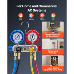 AC Manifold Gauge Set for R22 R404A R410A R12 Refrigerants, 4 Way AC Gauges with 1.5 m Hoses for Automotive & Household Air Conditioning Maintenance, Evacuation Vacuuming Charging and Recovery